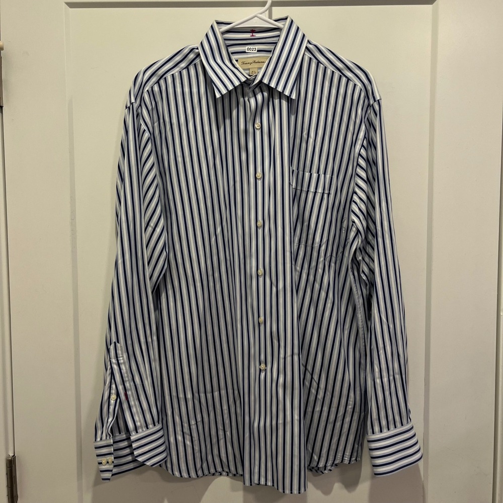 Tommy Bahama Mens Blue‎ White Striped Long Sleeve Button Down Shirt 16.5 34-35